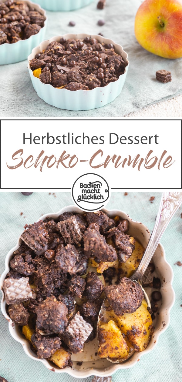 Schoko-Apfel-Crumble: Leckerer Nachtisch mit dicken Streuseln, zimtigen Apfelstückchen und Schokocrunch. Ein geniales Herbstdessert!