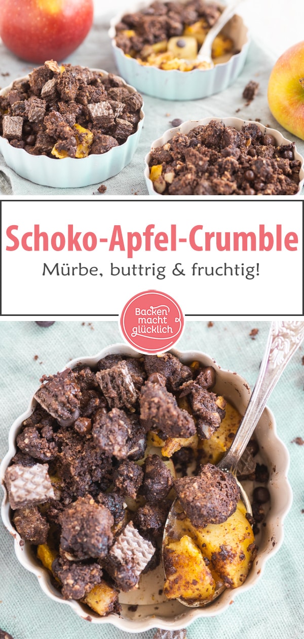Schoko-Apfel-Crumble: Leckerer Nachtisch mit dicken Streuseln, zimtigen Apfelstückchen und Schokocrunch. Ein geniales Herbstdessert!