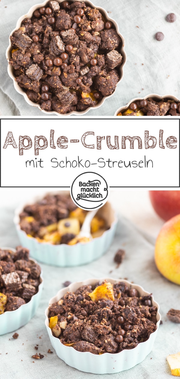 Schoko-Apfel-Crumble: Leckerer Nachtisch mit dicken Streuseln, zimtigen Apfelstückchen und Schokocrunch. Ein geniales Herbstdessert!