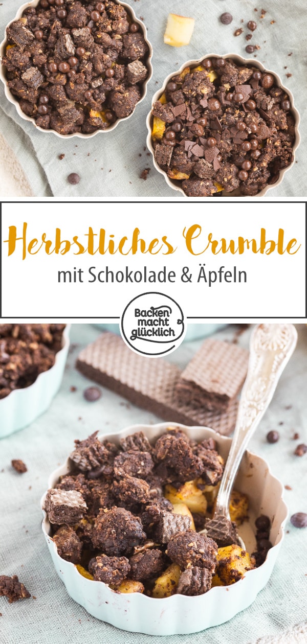 Schoko-Apfel-Crumble: Leckerer Nachtisch mit dicken Streuseln, zimtigen Apfelstückchen und Schokocrunch. Ein geniales Herbstdessert!