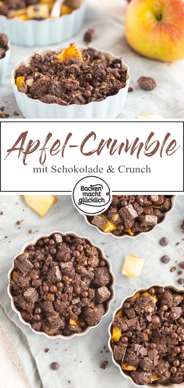 Schoko-Apfel-Crumble: Leckerer Nachtisch mit dicken Streuseln, zimtigen Apfelstückchen und Schokocrunch. Ein geniales Herbstdessert!