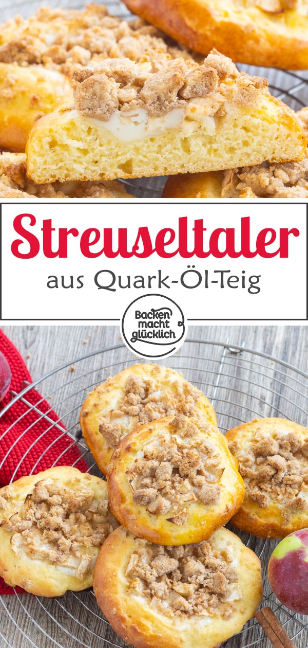 Leckere Teilchen aus Quark-Öl-Teig, buttrigen Streuseln und fruchtigem Belag: Diese Apfel-Streusel-Taler sind ein herbstlicher, saftiger und knuspriger Genuss!