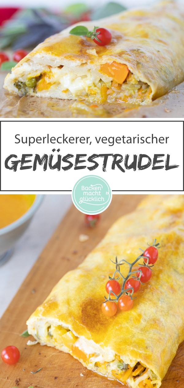 Leckerer Gemüsestrudel aus selbstgemachtem Strudelteig, den man ganz nach Belieben füllen kann. Der herzhafte Strudel schmeckt der ganzen Familie!