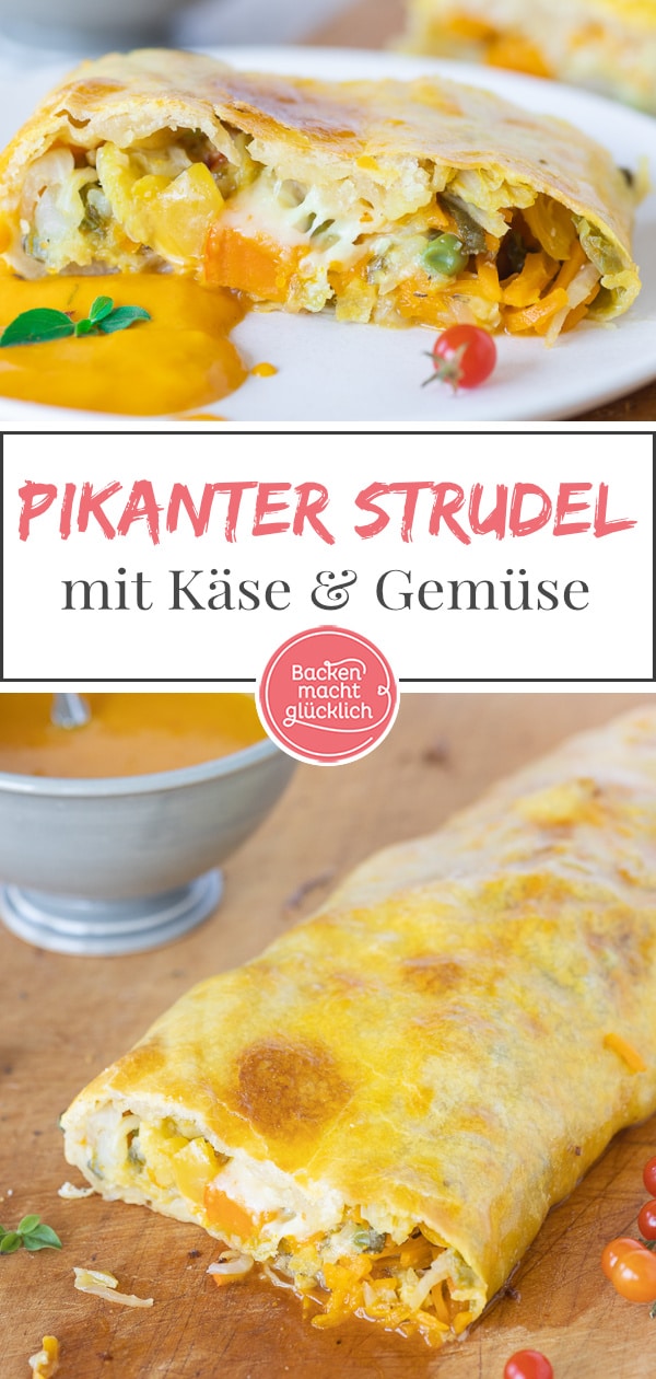 Leckerer Gemüsestrudel aus selbstgemachtem Strudelteig, den man ganz nach Belieben füllen kann. Der herzhafte Strudel schmeckt der ganzen Familie!