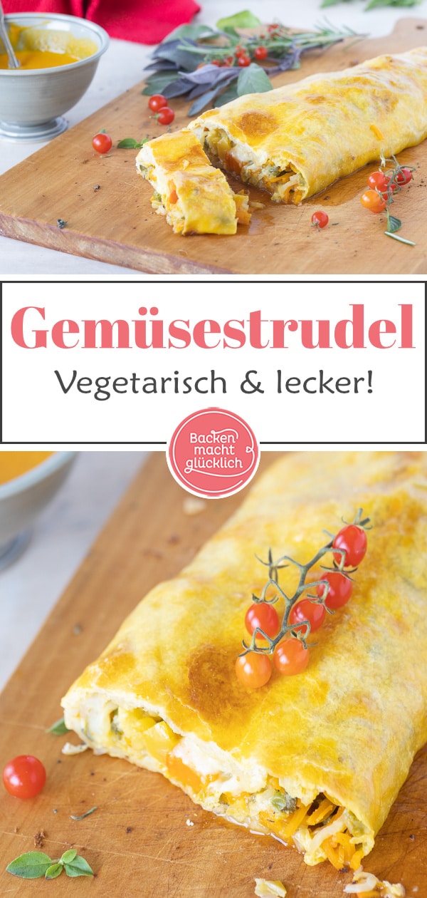 Leckerer Gemüsestrudel aus selbstgemachtem Strudelteig, den man ganz nach Belieben füllen kann. Der herzhafte Strudel schmeckt der ganzen Familie!