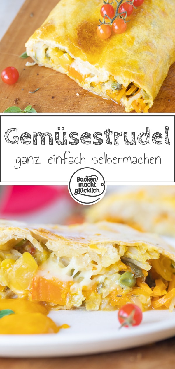 Leckerer Gemüsestrudel aus selbstgemachtem Strudelteig, den man ganz nach Belieben füllen kann. Der herzhafte Strudel schmeckt der ganzen Familie!