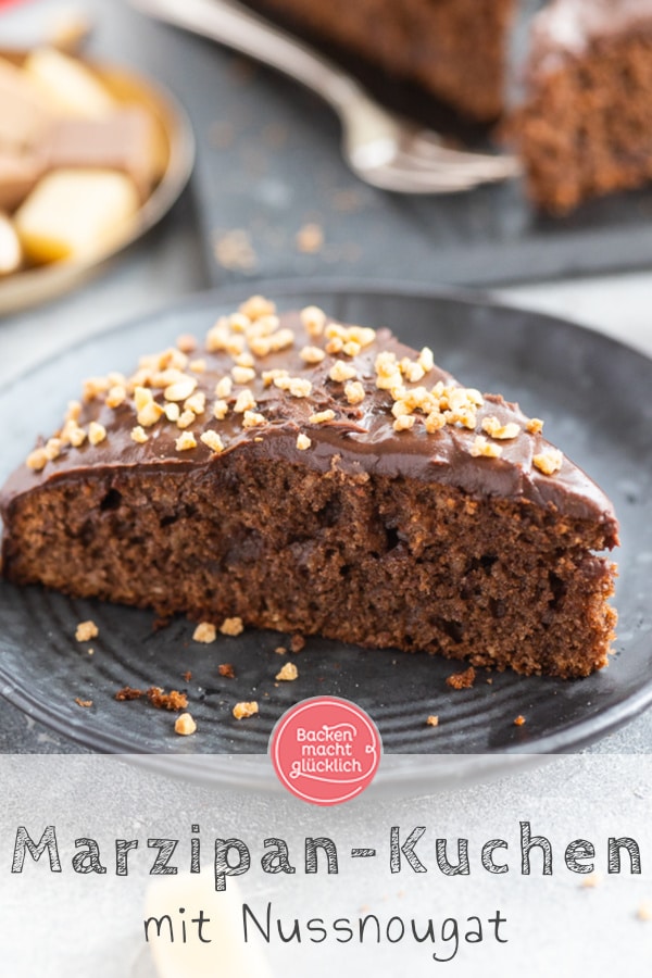 Ein himmlischer Nuss-Nougat-Kuchen mit Marzipan und Schokoladen-Ganache. Der Marzipankuchen ist einfach zu backen und absolut lecker!