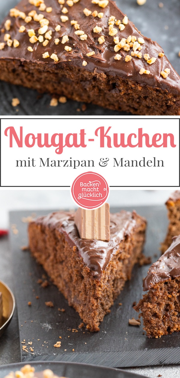 Ein himmlischer Nuss-Nougat-Kuchen mit Marzipan und Schokoladen-Ganache. Der Marzipankuchen ist einfach zu backen und absolut lecker!