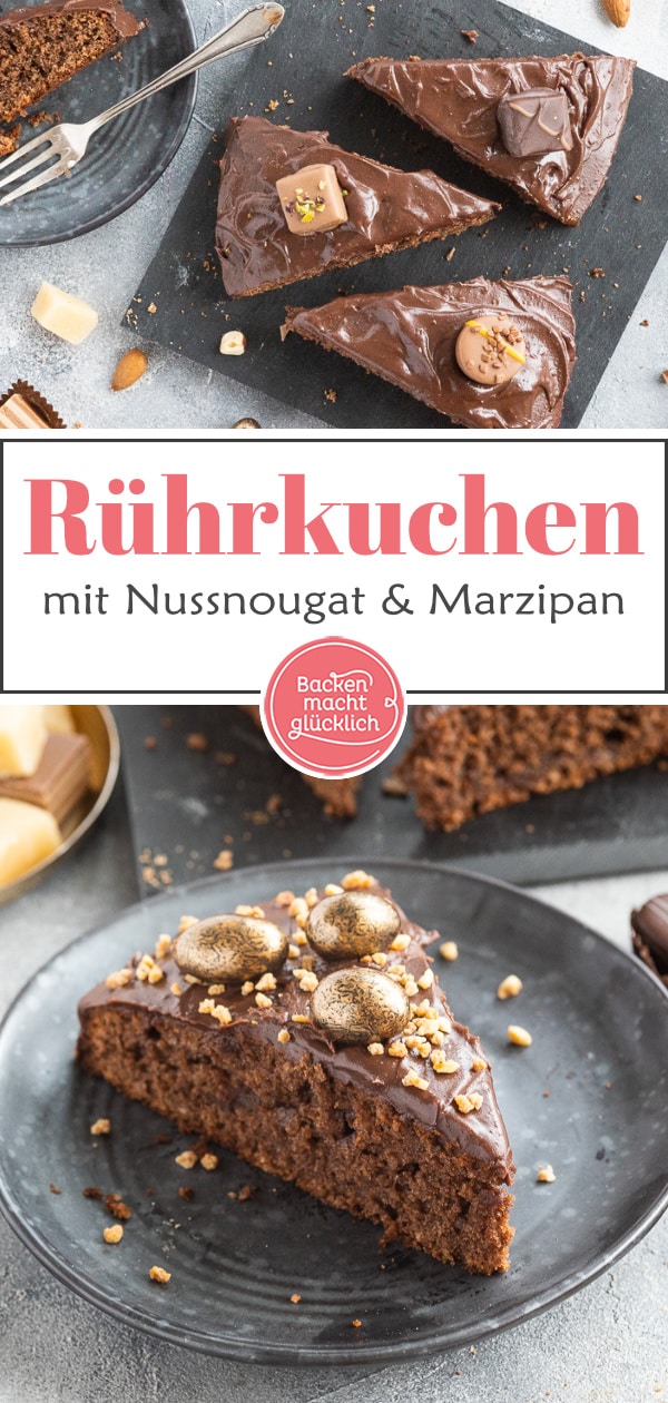 Ein himmlischer Nuss-Nougat-Kuchen mit Marzipan und Schokoladen-Ganache. Der Marzipankuchen ist einfach zu backen und absolut lecker!