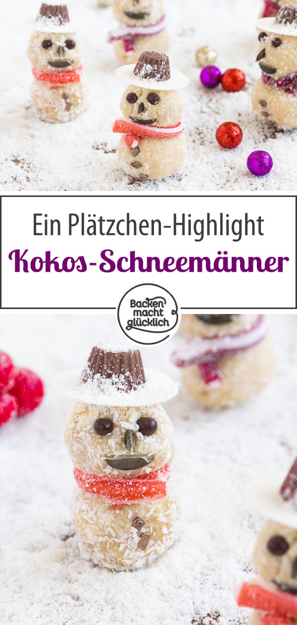 Lustige, putzige und leckere Schneemänner aus selbstgemachten Kokoskugeln. Die Kinder-Plätzchen sind ein Highlight (nicht nur) für Kinder!