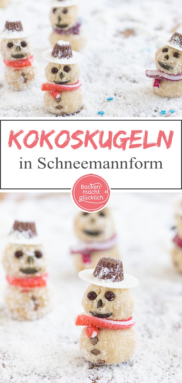 Lustige, putzige und leckere Schneemänner aus selbstgemachten Kokoskugeln. Die Kinder-Plätzchen sind ein Highlight (nicht nur) für Kinder!