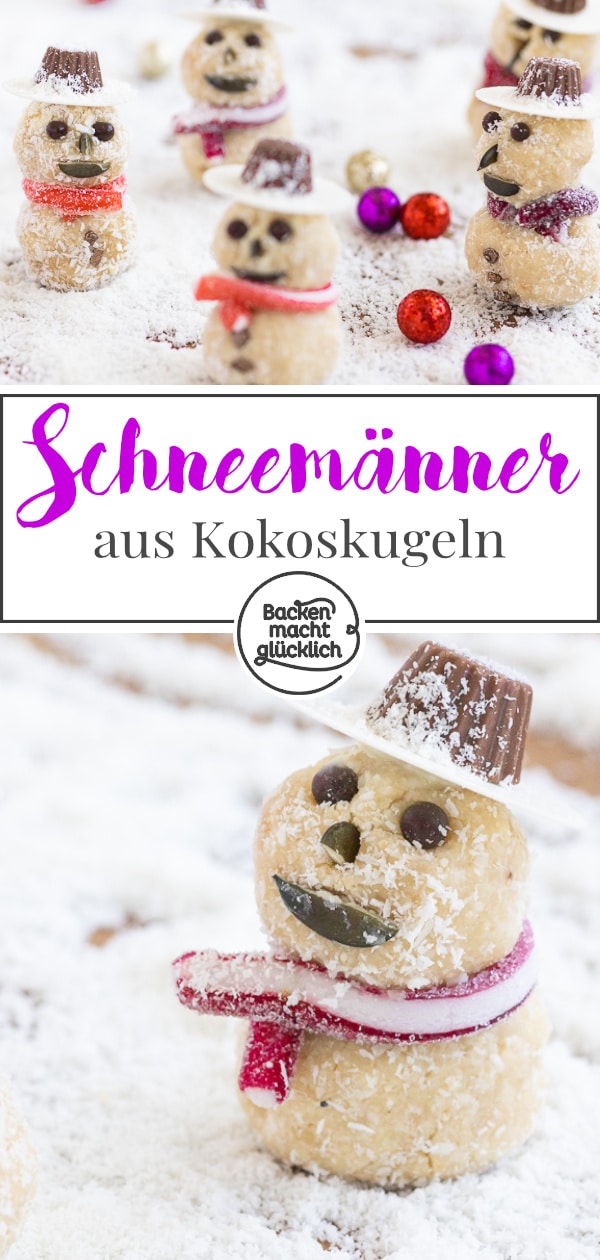 Lustige, putzige und leckere Schneemänner aus selbstgemachten Kokoskugeln. Die Kinder-Plätzchen sind ein Highlight (nicht nur) für Kinder!