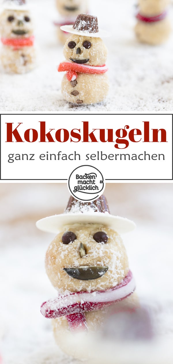 Lustige, putzige und leckere Schneemänner aus selbstgemachten Kokoskugeln. Die Kinder-Plätzchen sind ein Highlight (nicht nur) für Kinder!