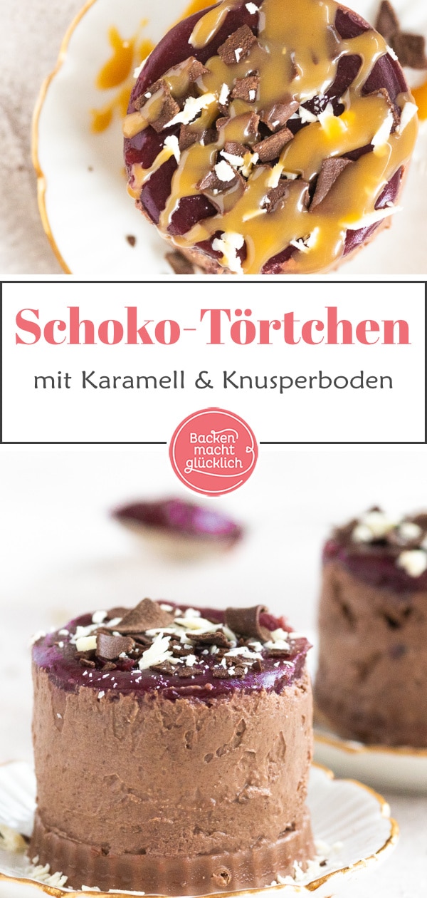 Verführerische Minitörtchen mit Schokomousse und Karamellwaffel-Boden – perfekt für besondere Anlässe.