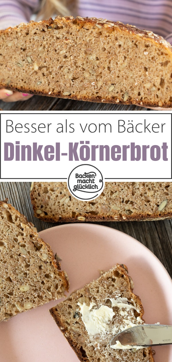 Ein tolles herzhaftes Sauerteigbrot mit ganzen Getreidekörnern, Kernen und Saaten. Das Körnerbrot schmeckt mit Roggen, Dinkel oder Weizen.