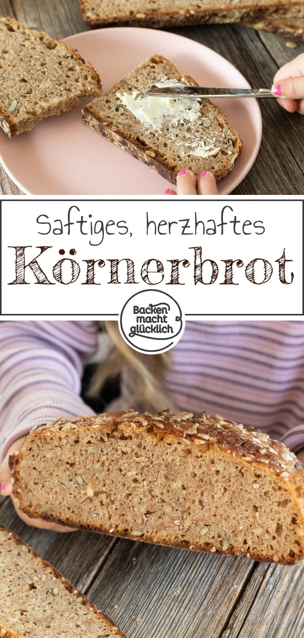 Ein tolles herzhaftes Sauerteigbrot mit ganzen Getreidekörnern, Kernen und Saaten. Das Körnerbrot schmeckt mit Roggen, Dinkel oder Weizen.