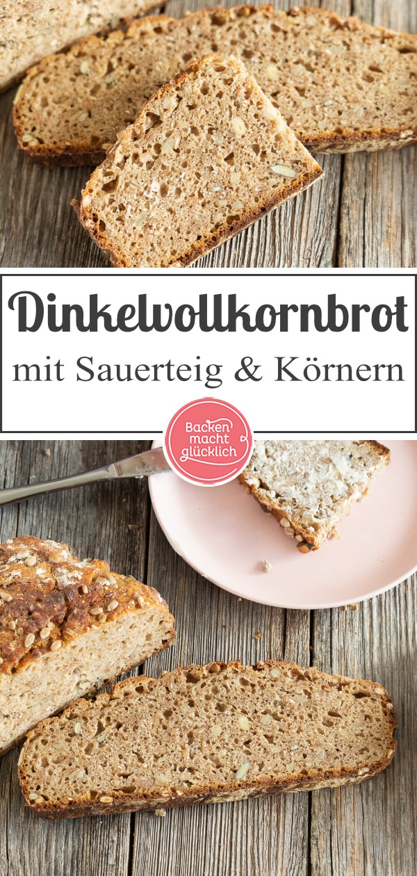 Ein tolles herzhaftes Sauerteigbrot mit ganzen Getreidekörnern, Kernen und Saaten. Das Körnerbrot schmeckt mit Roggen, Dinkel oder Weizen.