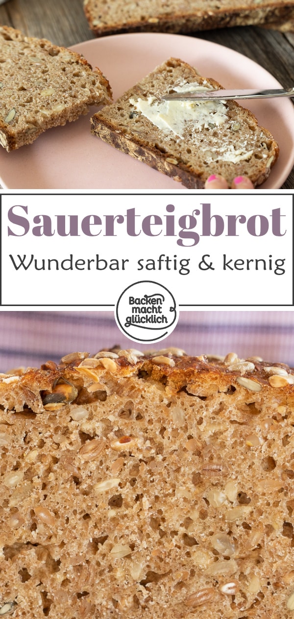 Ein tolles herzhaftes Sauerteigbrot mit ganzen Getreidekörnern, Kernen und Saaten. Das Körnerbrot schmeckt mit Roggen, Dinkel oder Weizen.
