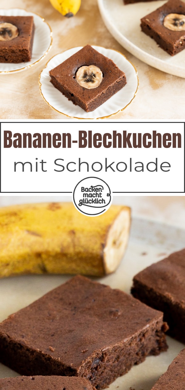 Herrlich saftiger, einfacher Blechkuchen mit Schokolade und Banane. Die Rührteig-Schnitten kommen immer gut an!