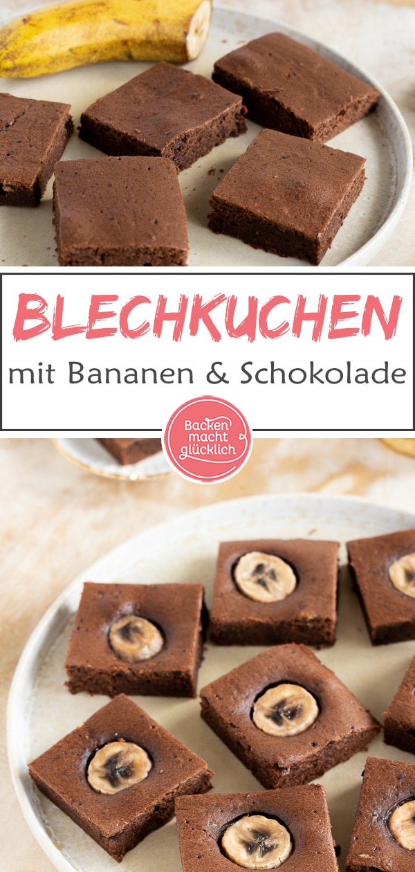 Herrlich saftiger, einfacher Blechkuchen mit Schokolade und Banane. Die Rührteig-Schnitten kommen immer gut an!