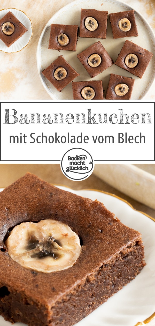 Herrlich saftiger, einfacher Blechkuchen mit Schokolade und Banane. Die Rührteig-Schnitten kommen immer gut an!