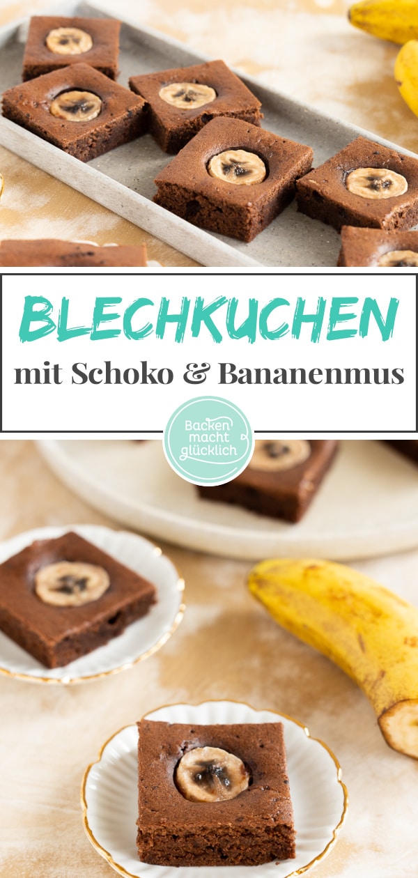 Herrlich saftiger, einfacher Blechkuchen mit Schokolade und Banane. Die Rührteig-Schnitten kommen immer gut an!