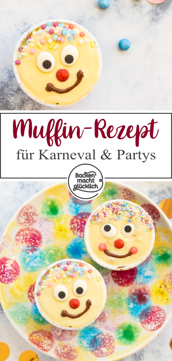 Blitzschnelles Rezept für leckere Muffins mit lustigen Gesichtern. Die kunterbunten Muffins sind perfekt für Kindergeburtstage & Fasching.