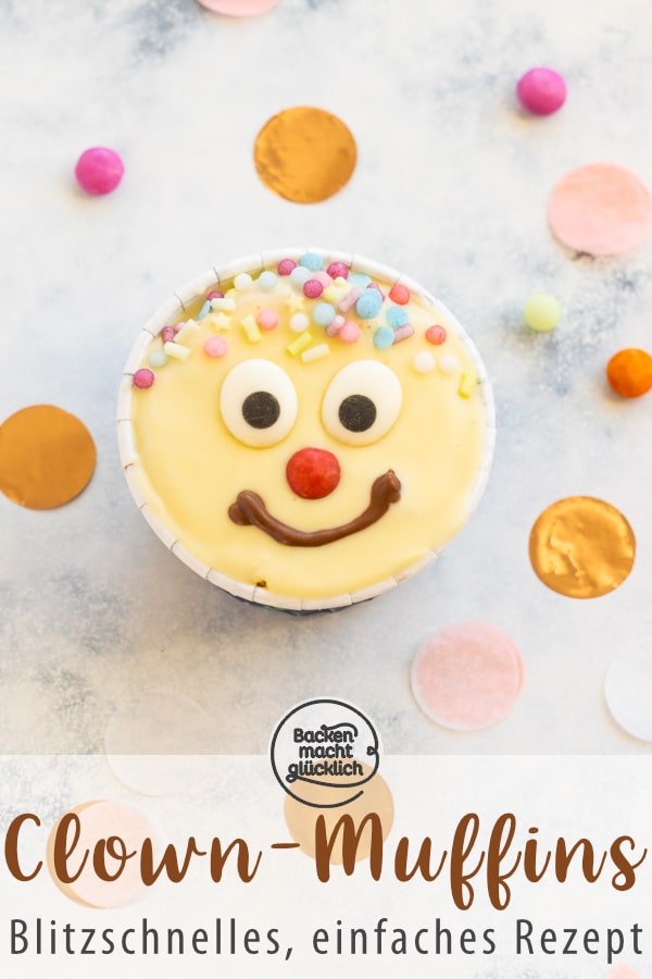 Blitzschnelles Rezept für leckere Muffins mit lustigen Gesichtern. Die kunterbunten Muffins sind perfekt für Kindergeburtstage & Fasching.