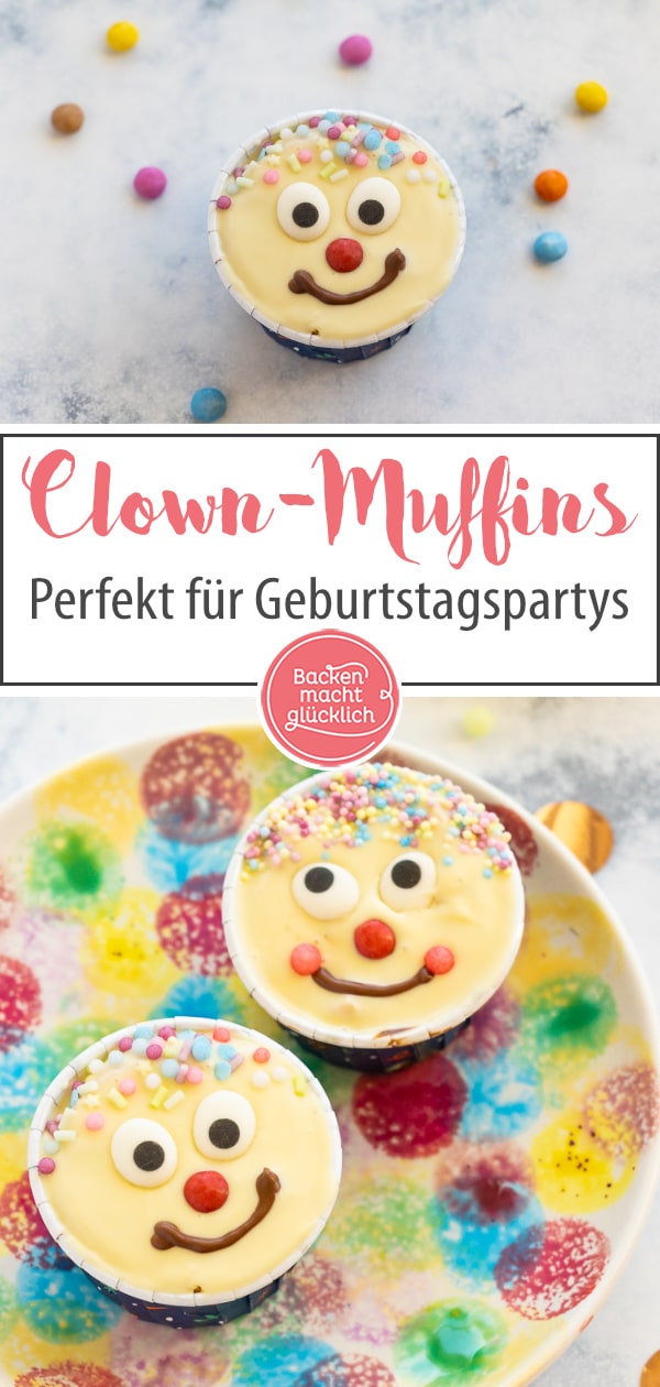 Blitzschnelles Rezept für leckere Muffins mit lustigen Gesichtern. Die kunterbunten Muffins sind perfekt für Kindergeburtstage & Fasching.