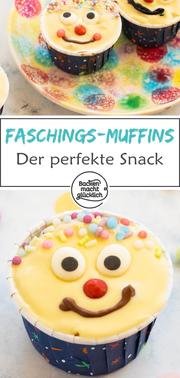 Blitzschnelles Rezept für leckere Muffins mit lustigen Gesichtern. Die kunterbunten Muffins sind perfekt für Kindergeburtstage & Fasching.