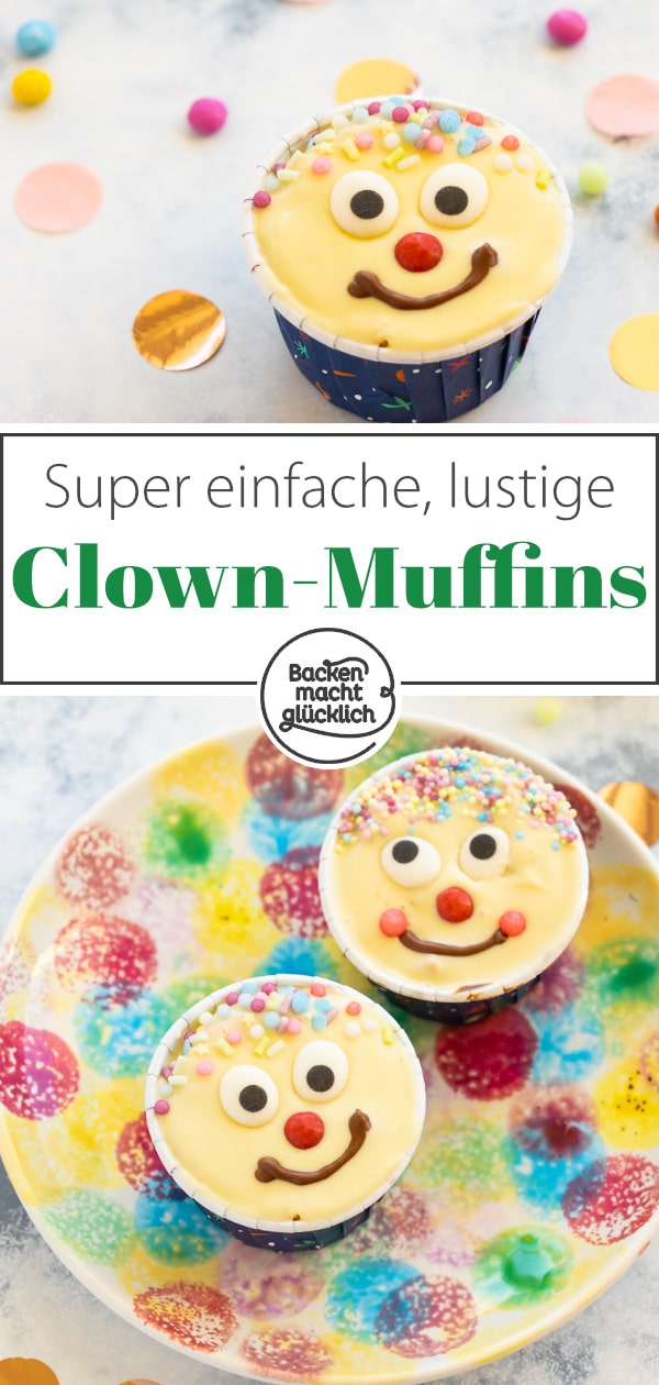Blitzschnelles Rezept für leckere Muffins mit lustigen Gesichtern. Die kunterbunten Muffins sind perfekt für Kindergeburtstage & Fasching.