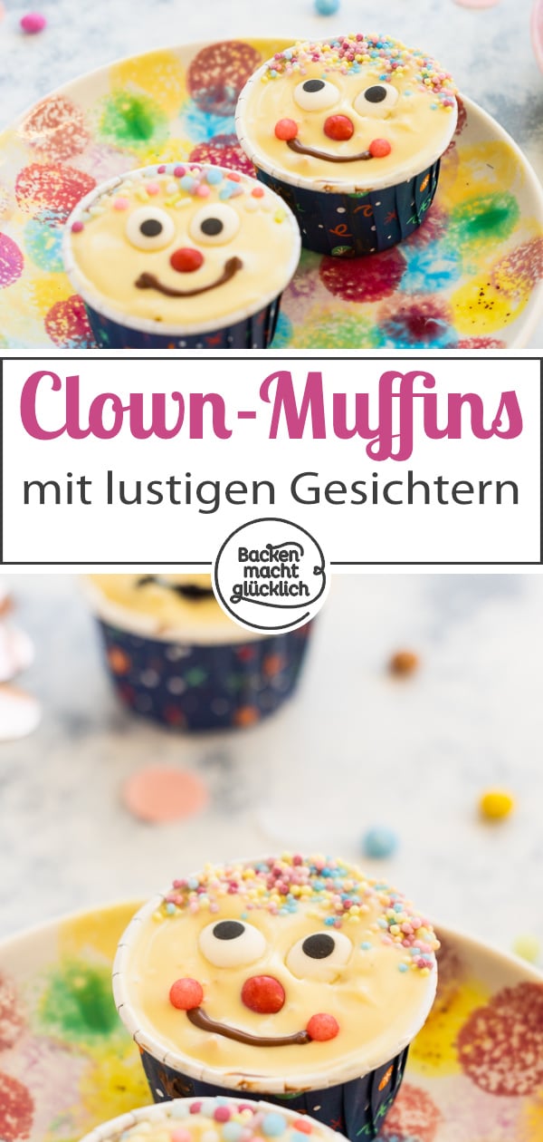 Blitzschnelles Rezept für leckere Muffins mit lustigen Gesichtern. Die kunterbunten Muffins sind perfekt für Kindergeburtstage & Fasching.