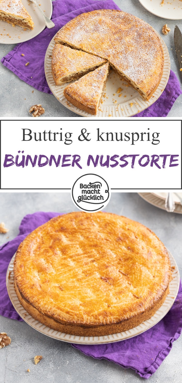 Klassische Bündner Nusstorte aus buttrigem Mürbeteig und aromatischem Walnuss-Karamell. Der Schweizer Kuchenklassiker hält sich wochenlang.