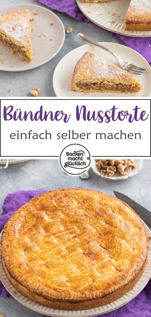 Klassische Bündner Nusstorte aus buttrigem Mürbeteig und aromatischem Walnuss-Karamell. Der Schweizer Kuchenklassiker hält sich wochenlang.