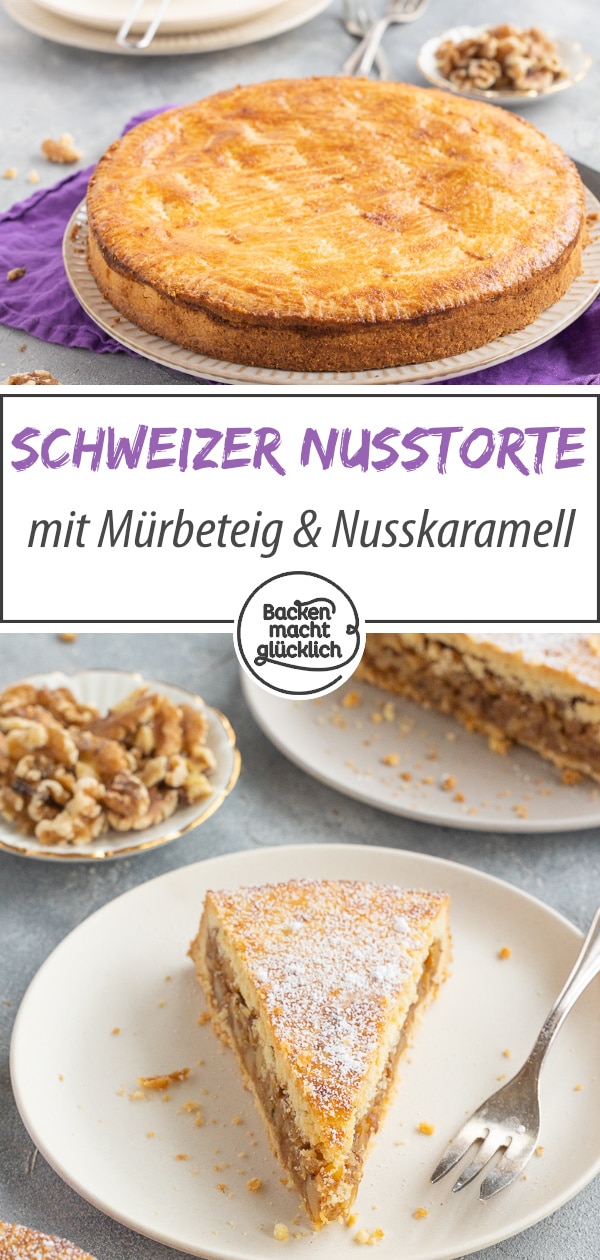 Klassische Bündner Nusstorte aus buttrigem Mürbeteig und aromatischem Walnuss-Karamell. Der Schweizer Kuchenklassiker hält sich wochenlang.