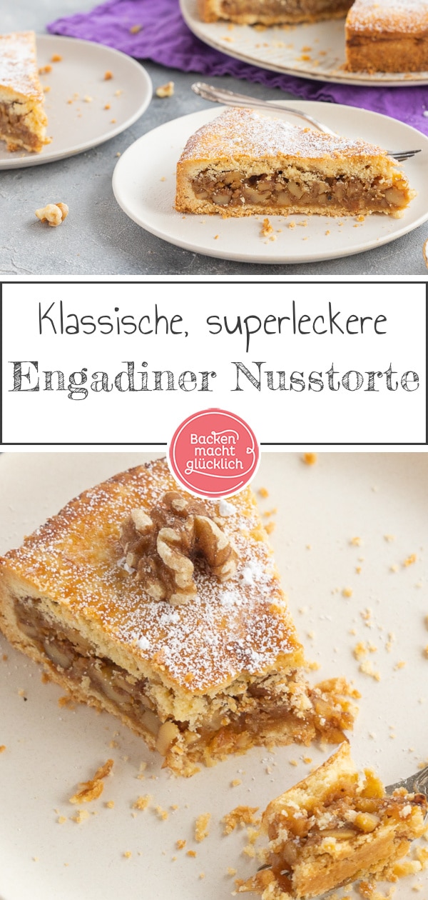 Klassische Bündner Nusstorte aus buttrigem Mürbeteig und aromatischem Walnuss-Karamell. Der Schweizer Kuchenklassiker hält sich wochenlang.