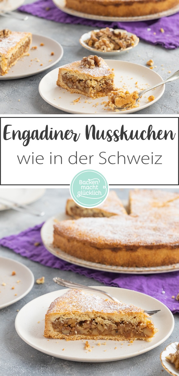 Klassische Bündner Nusstorte aus buttrigem Mürbeteig und aromatischem Walnuss-Karamell. Der Schweizer Kuchenklassiker hält sich wochenlang.