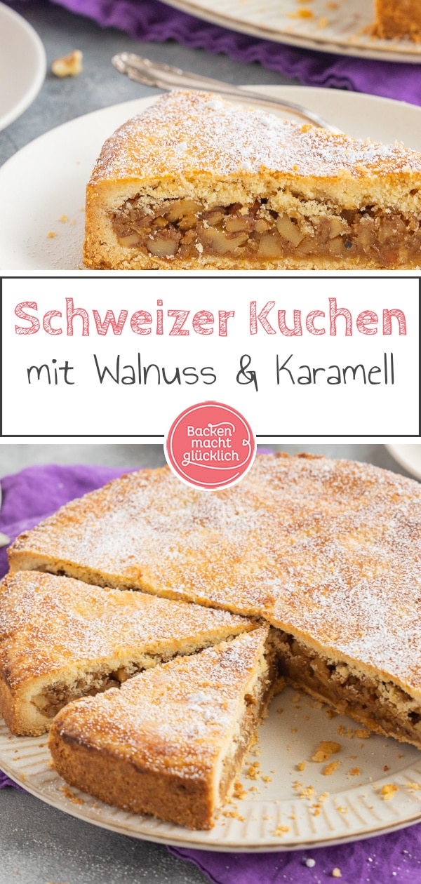 Klassische Bündner Nusstorte aus buttrigem Mürbeteig und aromatischem Walnuss-Karamell. Der Schweizer Kuchenklassiker hält sich wochenlang.