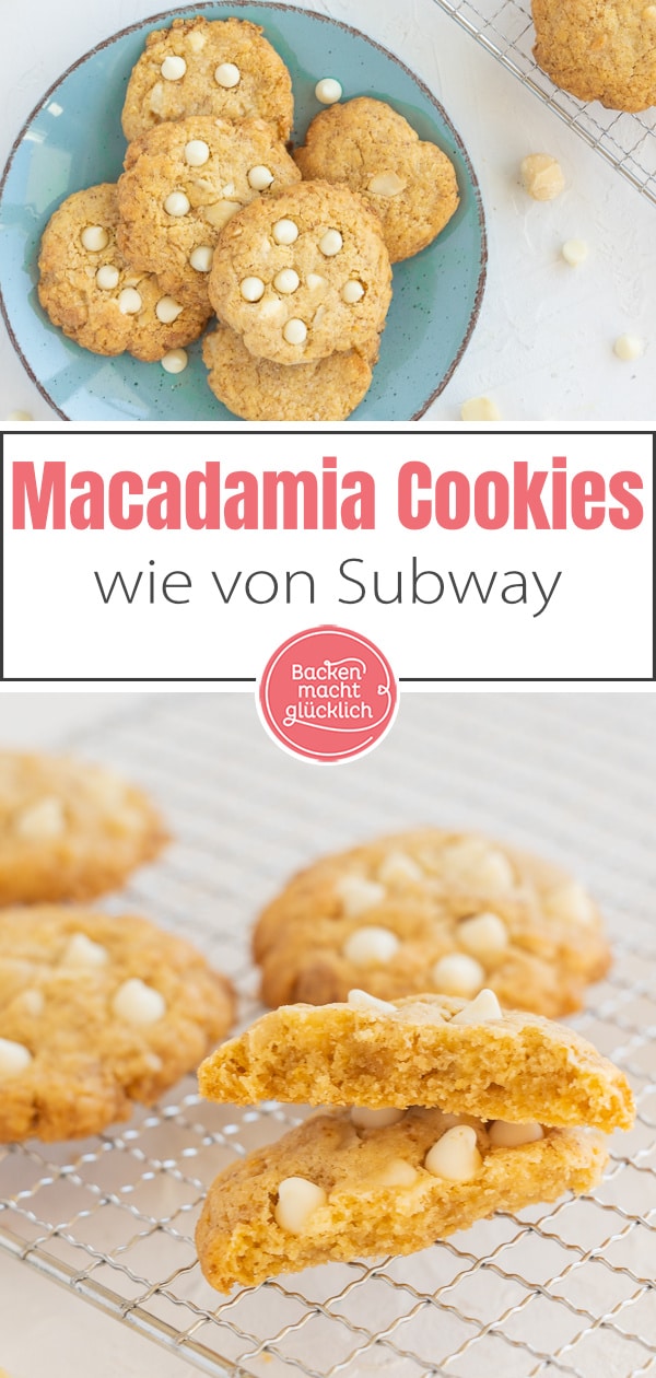 Amerikanische Kekse mit gesalzenen Macadamia-Kernen und weißen Schokodrops - die Macadamia-Cookies schmecken viel besser als im Coffee Shop und sind dezenter gesüßt.