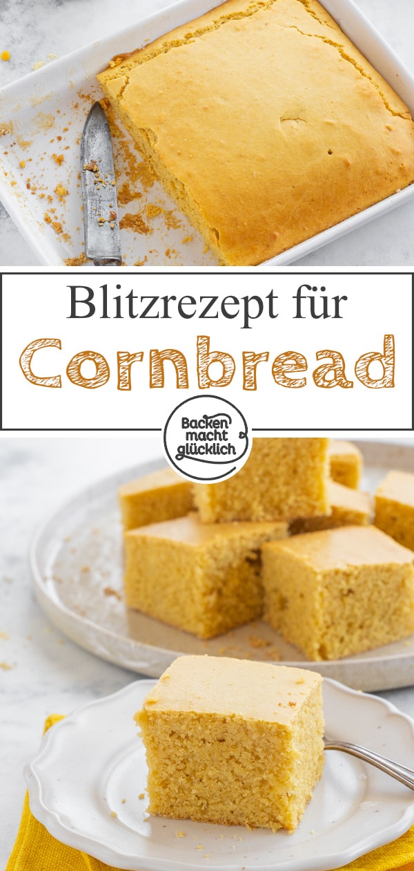 Blitzschnelles Maisbrot-Rezept ohne Hefe, das als eine Art süßer Maiskuchen oder aber als Beilage zu Pikanten schmeckt. Das schnelle amerikanische Maisbrot ist einfach köstlich.