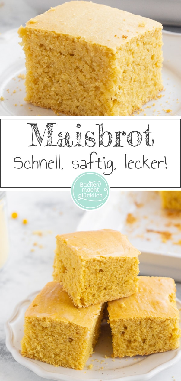 Blitzschnelles Maisbrot-Rezept ohne Hefe, das als eine Art süßer Maiskuchen oder aber als Beilage zu Pikanten schmeckt. Das schnelle amerikanische Maisbrot ist einfach köstlich.