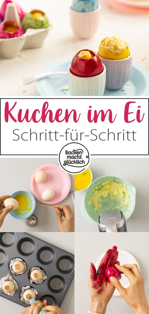 Diese kunterbunten Kuchen-Ostereier sehen toll aus. Die Kuchen im Ei sind auch super saftig & ohne Chemie gefärbt.