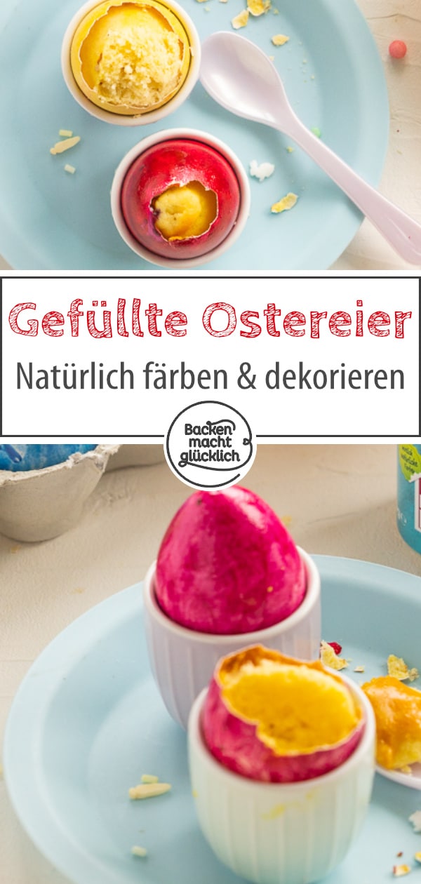 Diese kunterbunten Kuchen-Ostereier sehen toll aus. Die Kuchen im Ei sind auch super saftig & ohne Chemie gefärbt.