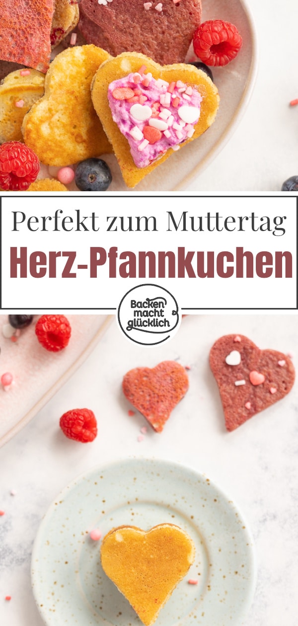 Fluffige, natürlich gefärbte Pancakes in Herzform. Die Herz-Pfannkuchen sind eine schöne Überraschung, nicht nur zu Muttertag oder Valentinstag.