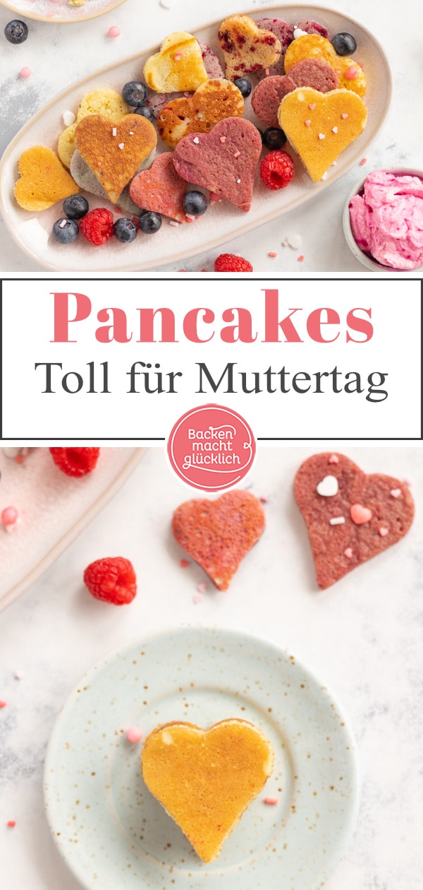 Fluffige, natürlich gefärbte Pancakes in Herzform. Die Herz-Pfannkuchen sind eine schöne Überraschung, nicht nur zu Muttertag oder Valentinstag.