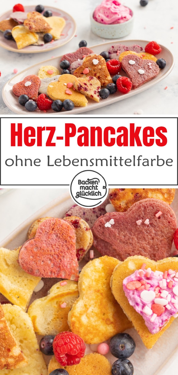 Fluffige, natürlich gefärbte Pancakes in Herzform. Die Herz-Pfannkuchen sind eine schöne Überraschung, nicht nur zu Muttertag oder Valentinstag.