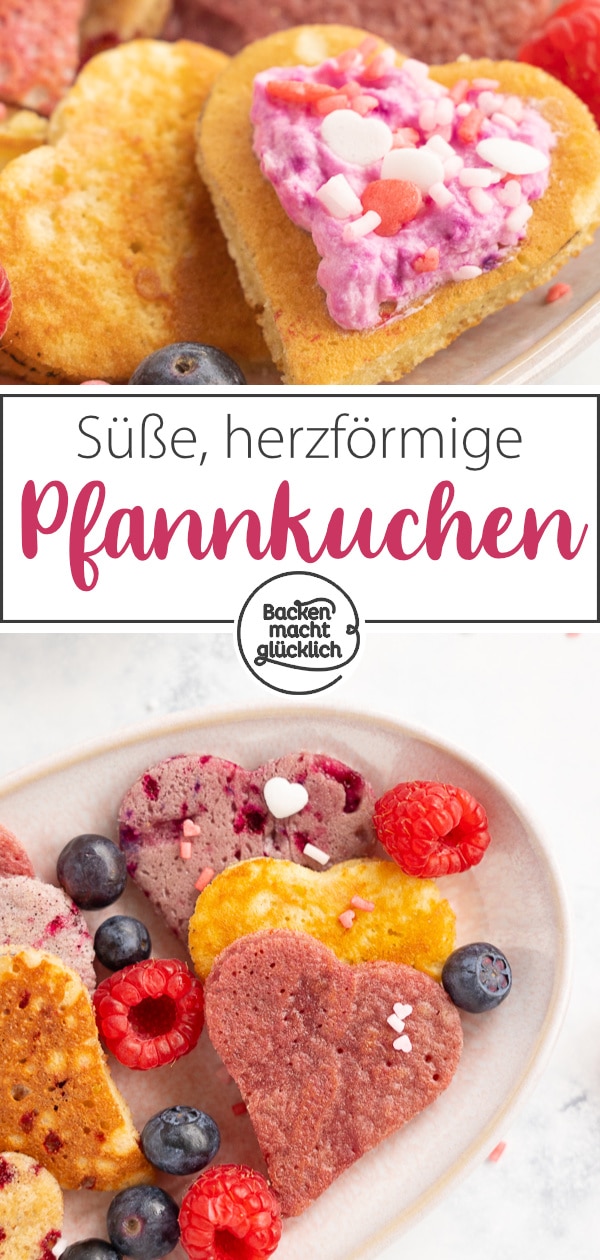 Fluffige, natürlich gefärbte Pancakes in Herzform. Die Herz-Pfannkuchen sind eine schöne Überraschung, nicht nur zu Muttertag oder Valentinstag.