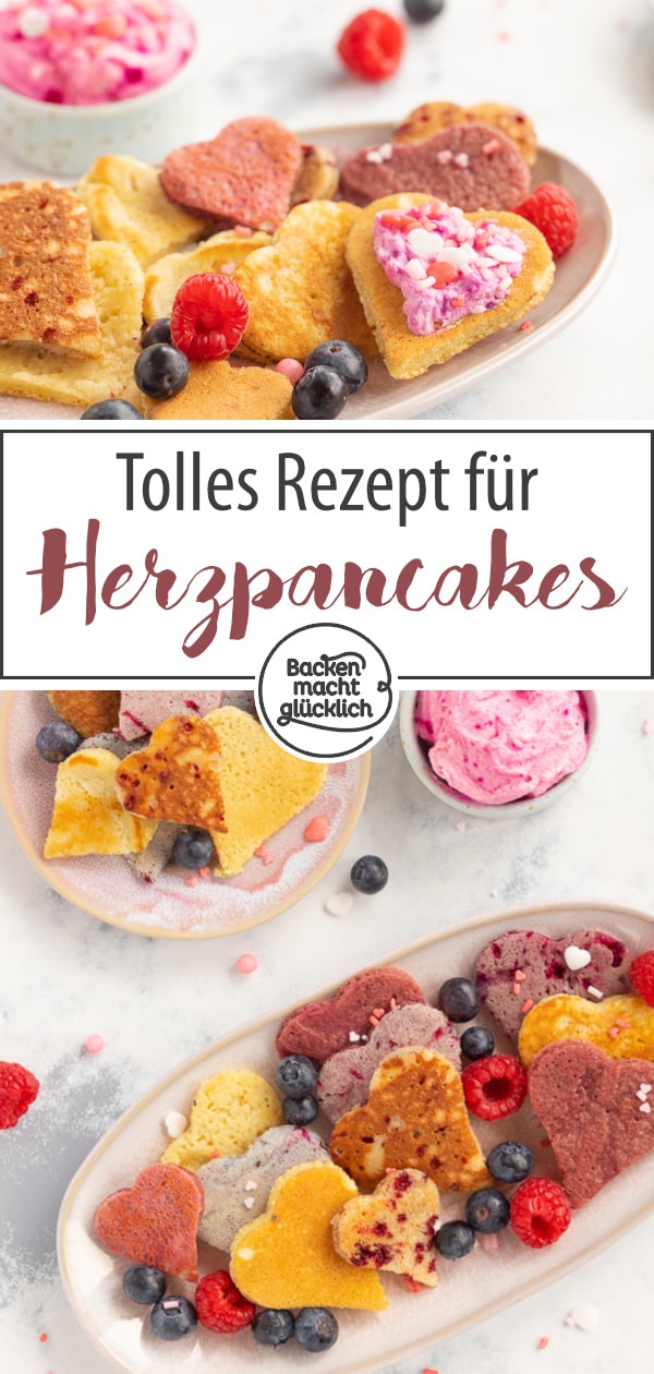 Fluffige, natürlich gefärbte Pancakes in Herzform. Die Herz-Pfannkuchen sind eine schöne Überraschung, nicht nur zu Muttertag oder Valentinstag.