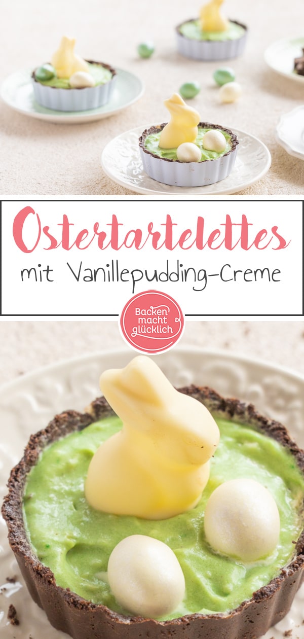 Kleine No Bake Ostertörtchen mit Schoko-Knusperboden und sahniger Vanille-Pudding-Creme: Diese Mini-Tartes verursachen wenig Aufwand und trotzdem bekommt ihr ein tolles Ergebnis!