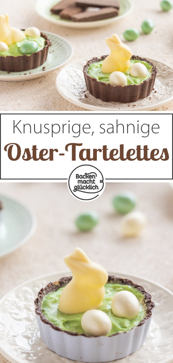 Kleine No Bake Ostertörtchen mit Schoko-Knusperboden und sahniger Vanille-Pudding-Creme: Diese Mini-Tartes verursachen wenig Aufwand und trotzdem bekommt ihr ein tolles Ergebnis!